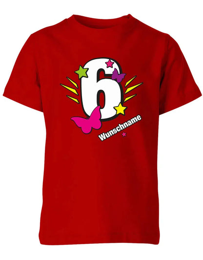 T-Shirt 6 Geburtstag Schmetterlinge und Sterne mit einer großen 6 personalisiert mit Name