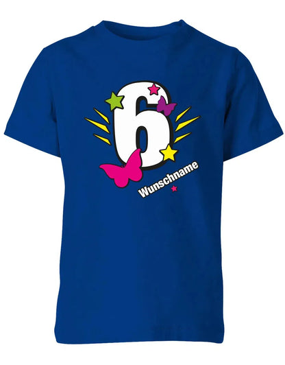 T-Shirt 6 Geburtstag Schmetterlinge und Sterne mit einer großen 6 personalisiert mit Name