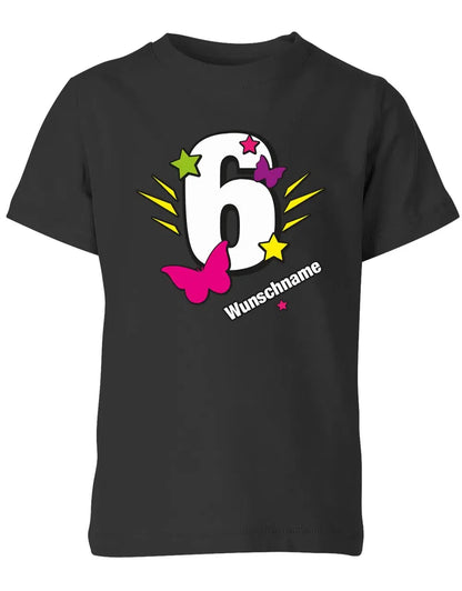 T-Shirt 6 Geburtstag Schmetterlinge und Sterne mit einer großen 6 personalisiert mit Name