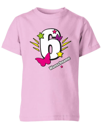 T-Shirt 6 Geburtstag Schmetterlinge und Sterne mit einer großen 6 personalisiert mit Name