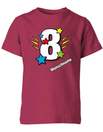 T-Shirt 8 Geburtstag Bunte Sterne mit einer großen 8 personalisiert mit Name