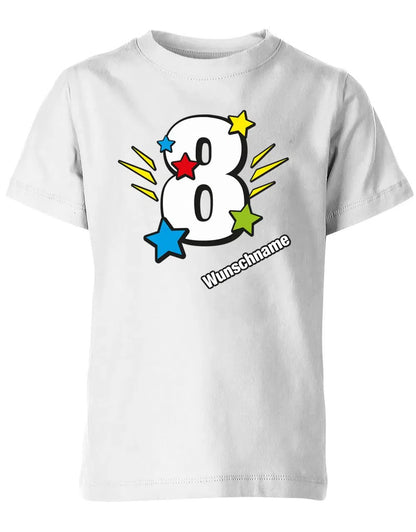 T-Shirt 8 Geburtstag Bunte Sterne mit einer großen 8 personalisiert mit Name