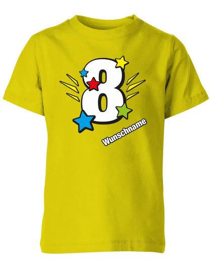 T-Shirt 8 Geburtstag Bunte Sterne mit einer großen 8 personalisiert mit Name