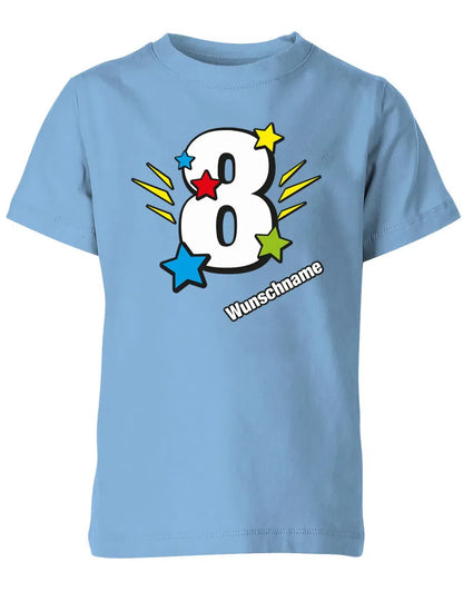 T-Shirt 8 Geburtstag Bunte Sterne mit einer großen 8 personalisiert mit Name