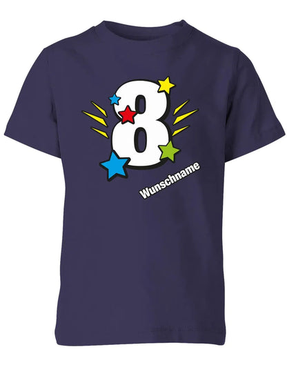 T-Shirt 8 Geburtstag Bunte Sterne mit einer großen 8 personalisiert mit Name