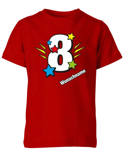 T-Shirt 8 Geburtstag Bunte Sterne mit einer großen 8 personalisiert mit Name
