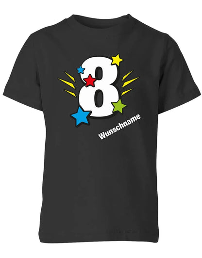 T-Shirt 8 Geburtstag Bunte Sterne mit einer großen 8 personalisiert mit Name