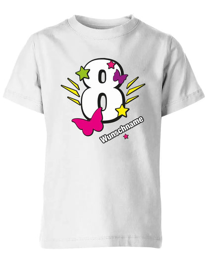 T-Shirt 8 Geburtstag Schmetterlinge und Sterne mit einer großen 8 personalisiert mit Name
