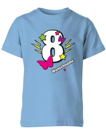 T-Shirt 8 Geburtstag Schmetterlinge und Sterne mit einer großen 8 personalisiert mit Name