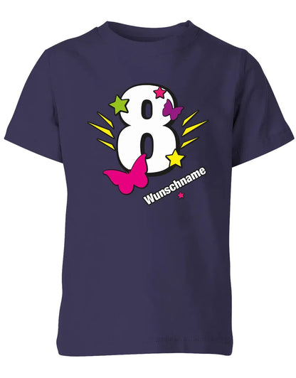 T-Shirt 8 Geburtstag Schmetterlinge und Sterne mit einer großen 8 personalisiert mit Name