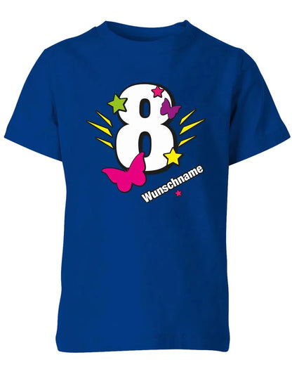 T-Shirt 8 Geburtstag Schmetterlinge und Sterne mit einer großen 8 personalisiert mit Name