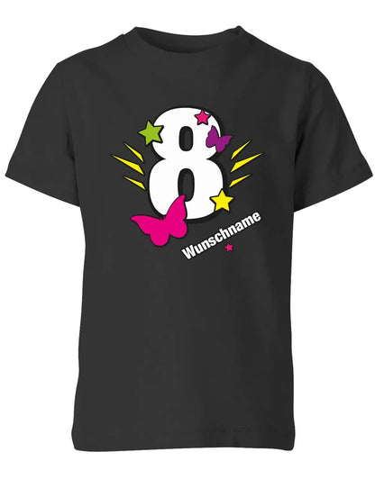 T-Shirt 8 Geburtstag Schmetterlinge und Sterne mit einer großen 8 personalisiert mit Name
