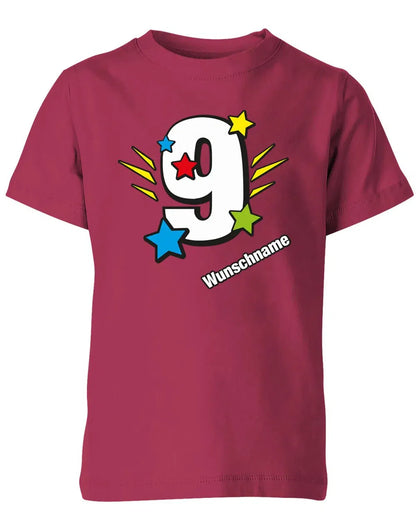 T-Shirt 9 Geburtstag Bunte Sterne mit einer großen 9 personalisiert mit Name