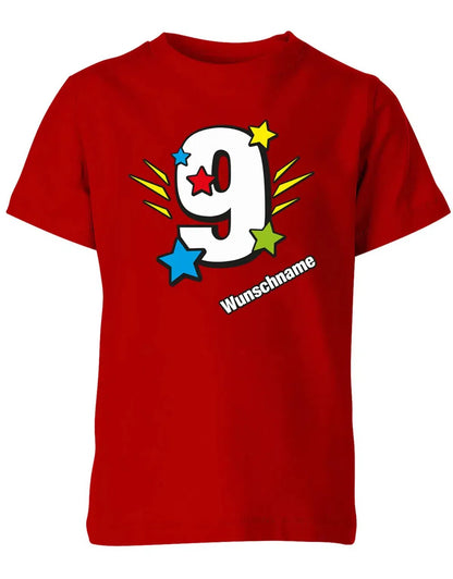 T-Shirt 9 Geburtstag Bunte Sterne mit einer großen 9 personalisiert mit Name