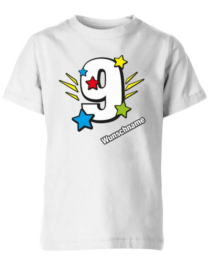 T-Shirt 9 Geburtstag Bunte Sterne mit einer großen 9 personalisiert mit Name