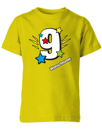 T-Shirt 9 Geburtstag Bunte Sterne mit einer großen 9 personalisiert mit Name