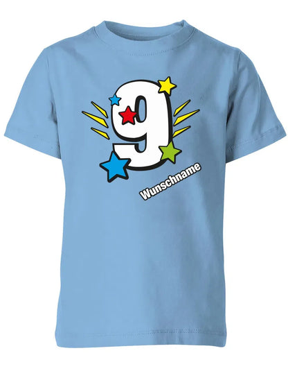 T-Shirt 9 Geburtstag Bunte Sterne mit einer großen 9 personalisiert mit Name
