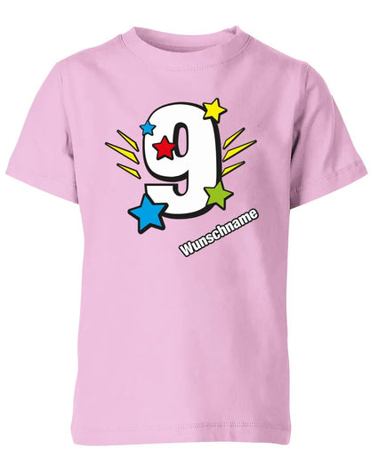 T-Shirt 9 Geburtstag Bunte Sterne mit einer großen 9 personalisiert mit Name