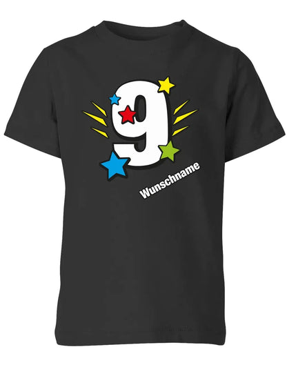 T-Shirt 9 Geburtstag Bunte Sterne mit einer großen 9 personalisiert mit Name