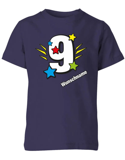 T-Shirt 9 Geburtstag Bunte Sterne mit einer großen 9 personalisiert mit Name
