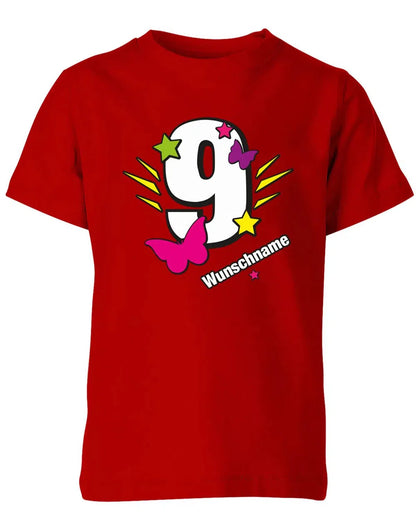 T-Shirt 9 Geburtstag Schmetterlinge und Sterne mit einer großen 9 personalisiert mit Name