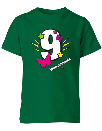 T-Shirt 9 Geburtstag Schmetterlinge und Sterne mit einer großen 9 personalisiert mit Name