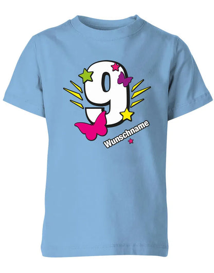 T-Shirt 9 Geburtstag Schmetterlinge und Sterne mit einer großen 9 personalisiert mit Name