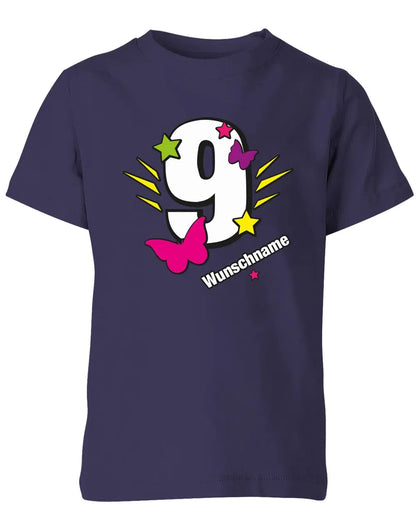 T-Shirt 9 Geburtstag Schmetterlinge und Sterne mit einer großen 9 personalisiert mit Name