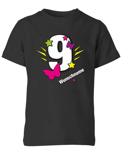 T-Shirt 9 Geburtstag Schmetterlinge und Sterne mit einer großen 9 personalisiert mit Name