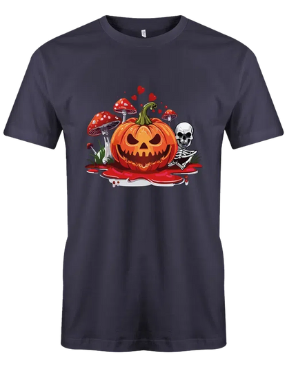 Unheimliches Halloween T-Shirt mit gruseligem Kürbis, Skelett und Pilzen – Dein individuelles T-Shirt-Druck-Design!