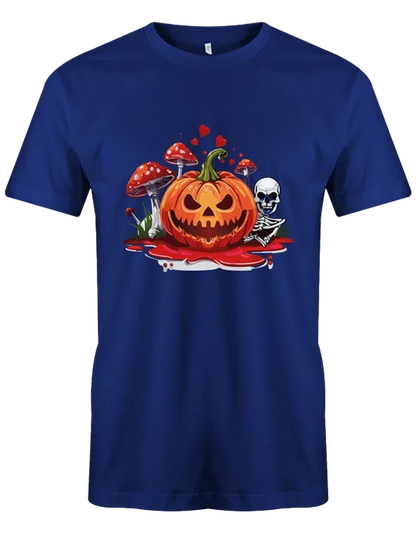 Unheimliches Halloween T-Shirt mit gruseligem Kürbis, Skelett und Pilzen – Dein individuelles T-Shirt-Druck-Design!