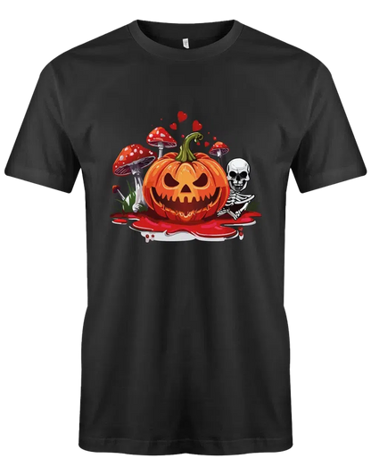 Unheimliches Halloween T-Shirt mit gruseligem Kürbis, Skelett und Pilzen – Dein individuelles T-Shirt-Druck-Design!