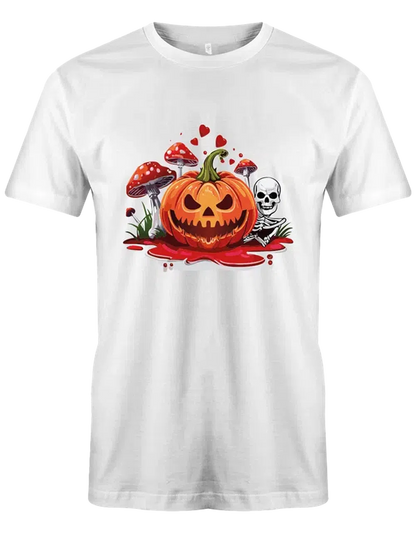 Unheimliches Halloween T-Shirt mit gruseligem Kürbis, Skelett und Pilzen – Dein individuelles T-Shirt-Druck-Design!
