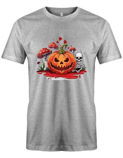 Unheimliches Halloween T-Shirt mit gruseligem Kürbis, Skelett und Pilzen – Dein individuelles T-Shirt-Druck-Design!