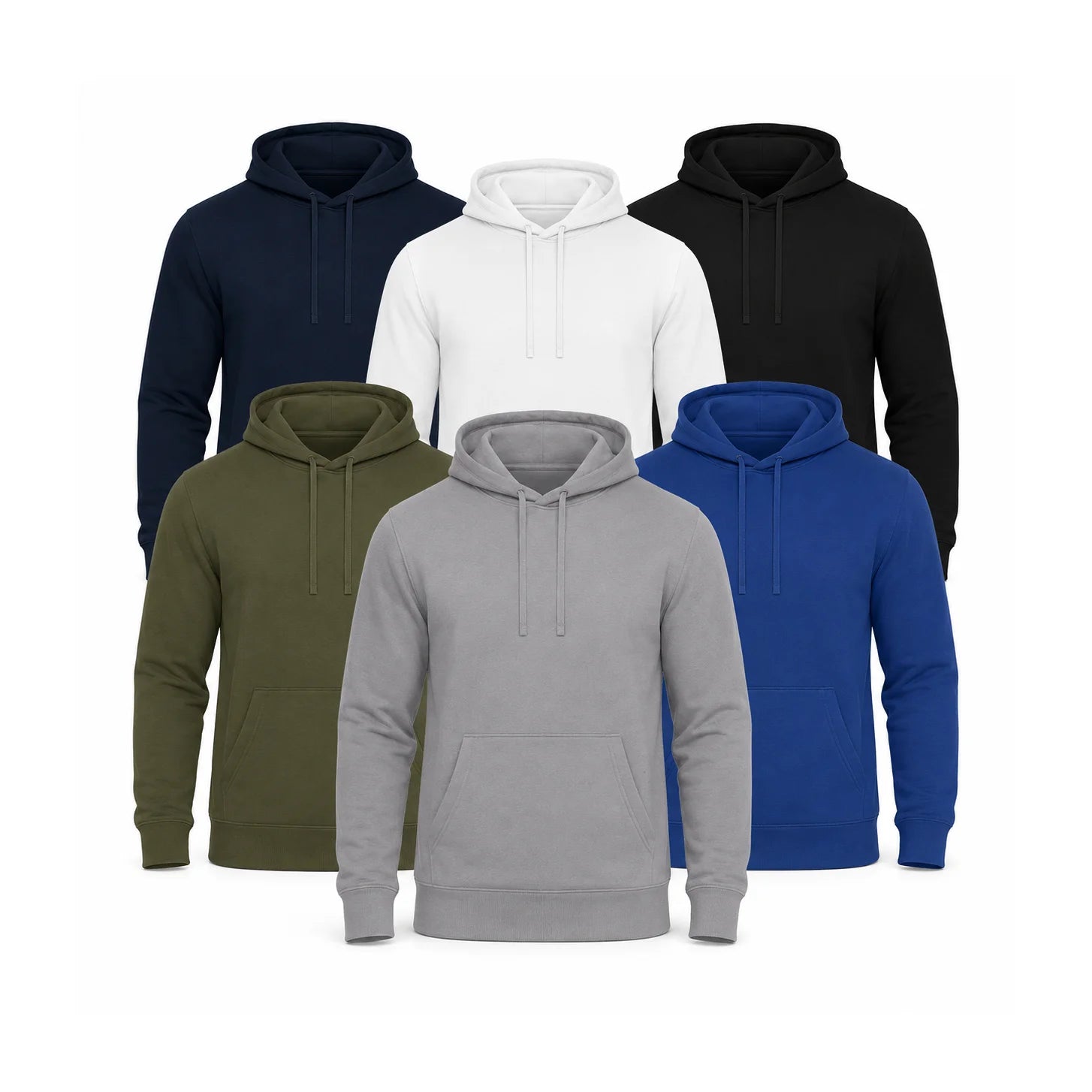 Einfarbige Basic Unisex Hoodies in Weiß, Schwarz, Royalblau, Grau, Navy und Olivgrün