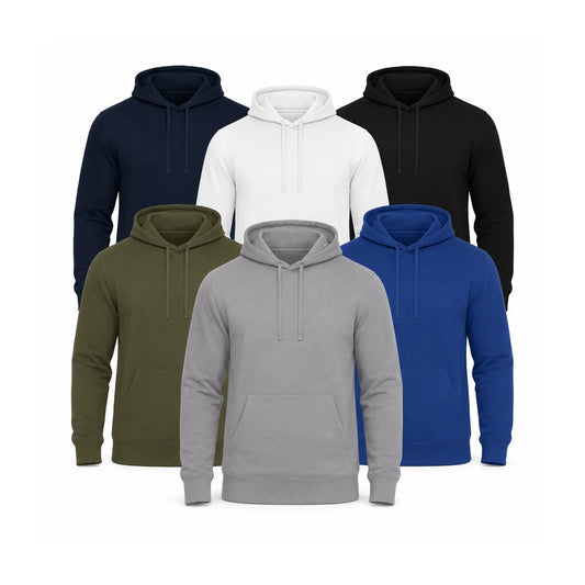 Einfarbige Basic Unisex Hoodies in Weiß, Schwarz, Royalblau, Grau, Navy und Olivgrün