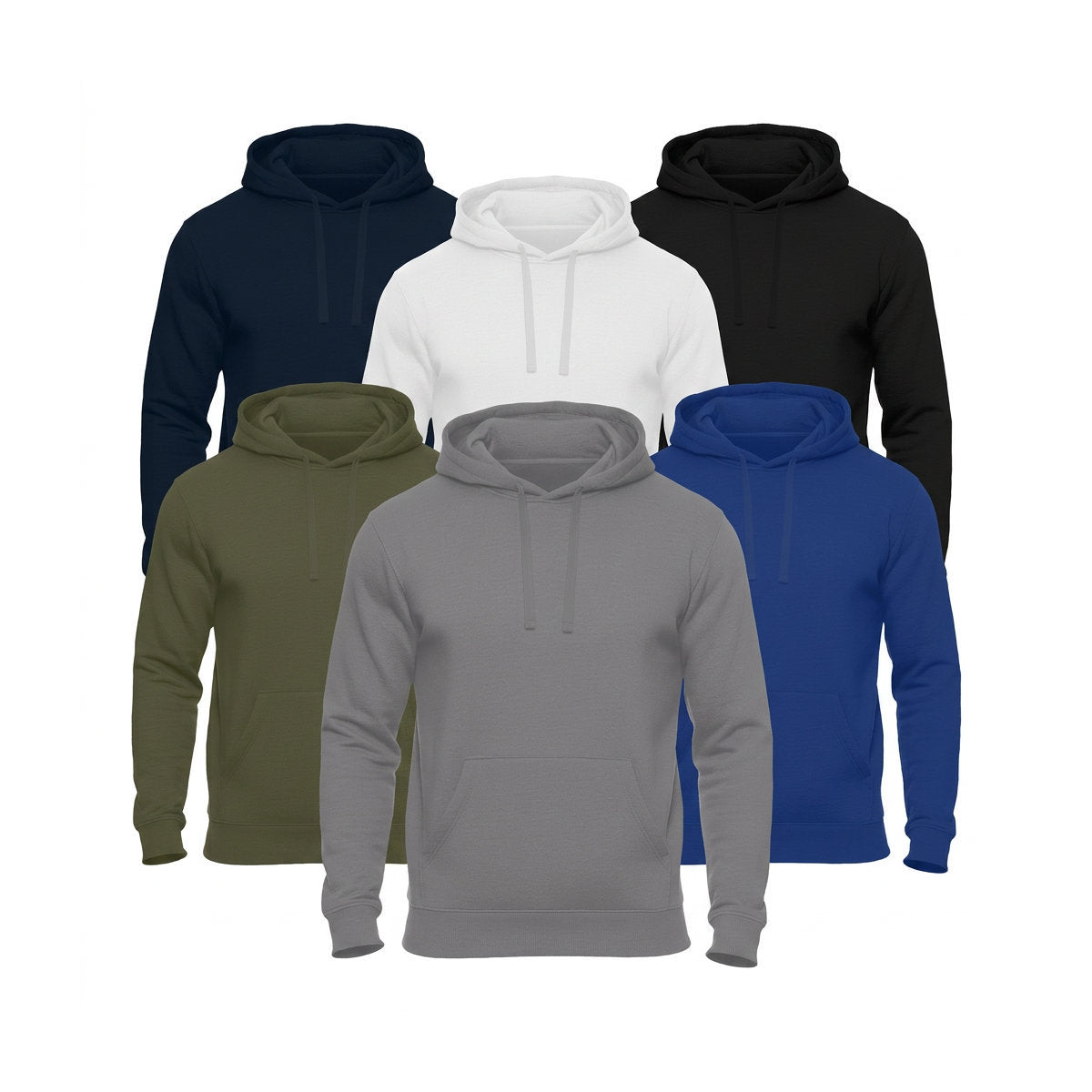 Einfarbige Basic Unisex Hoodies in Weiß, Schwarz, Royalblau, Grau, Navy und Olivgrün
