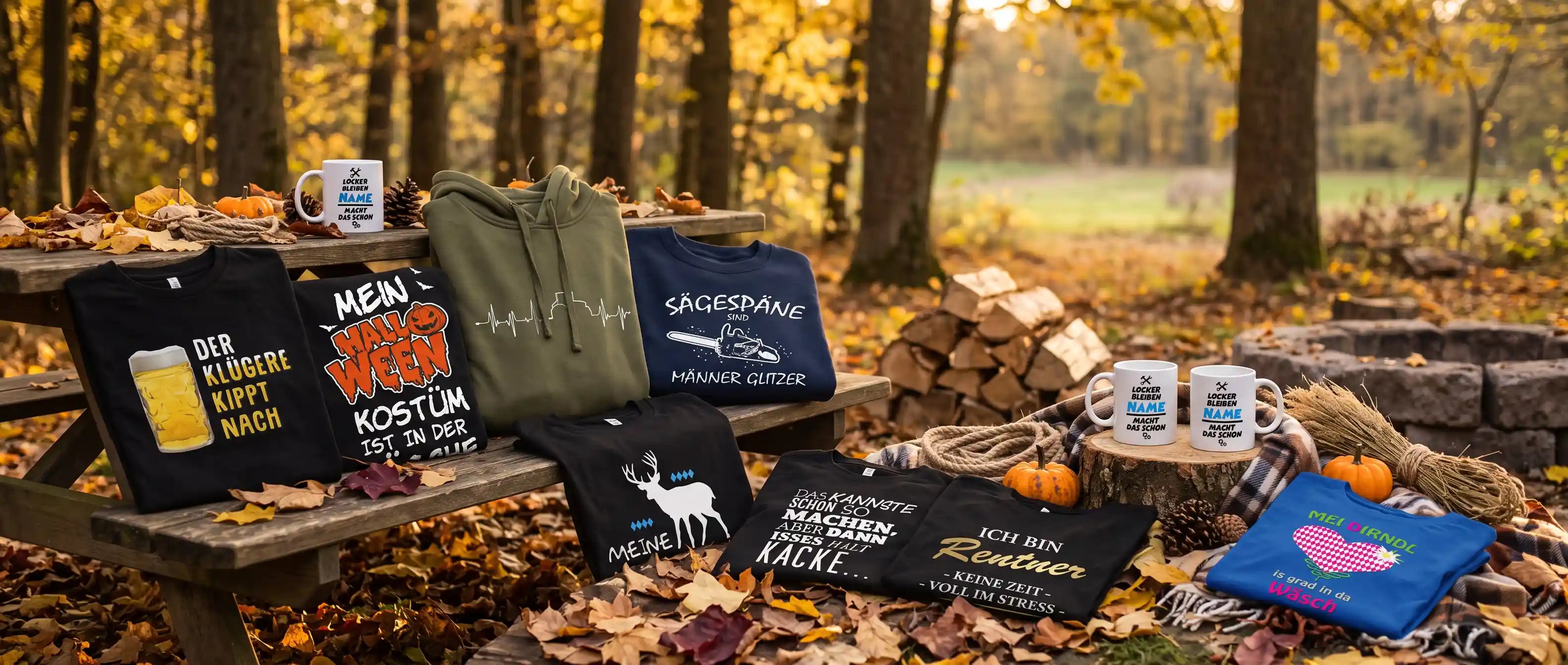 Auswahl an bedruckten Spruch-T-Shirts, Hoodies und personalisierten Tassen für Freizeit, Berufe und Feste im myShirtStore Sortiment