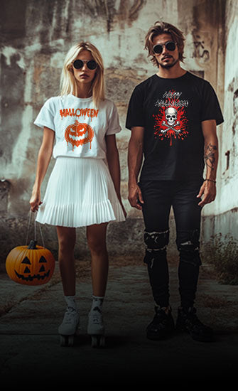 Paar mit Halloween t shirt bedruckt. Online tshirt bedrucken für Herren, Damen, Kinder und Babys. Gruselige tshirt bedrucken bei myshirtstore