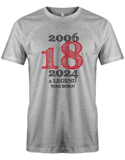 Cooles T-Shirt zum 18. Geburtstag für Jungen. Bedruckt mit: 2006 - 2024 18 A Legend was born Line Design Das T Shirt 18 Geburtstag Junge Lustig ist ein tolles Geschenk für alle 18 Jährigen. Man wird nur einmal 18 Jahre. Geschenk zum 18 geburtstag Jungen ✓ 2005 geburtstag Junge ✓ 18 Geburtstag tshirt ✓ shirt geburtstag 18 grau