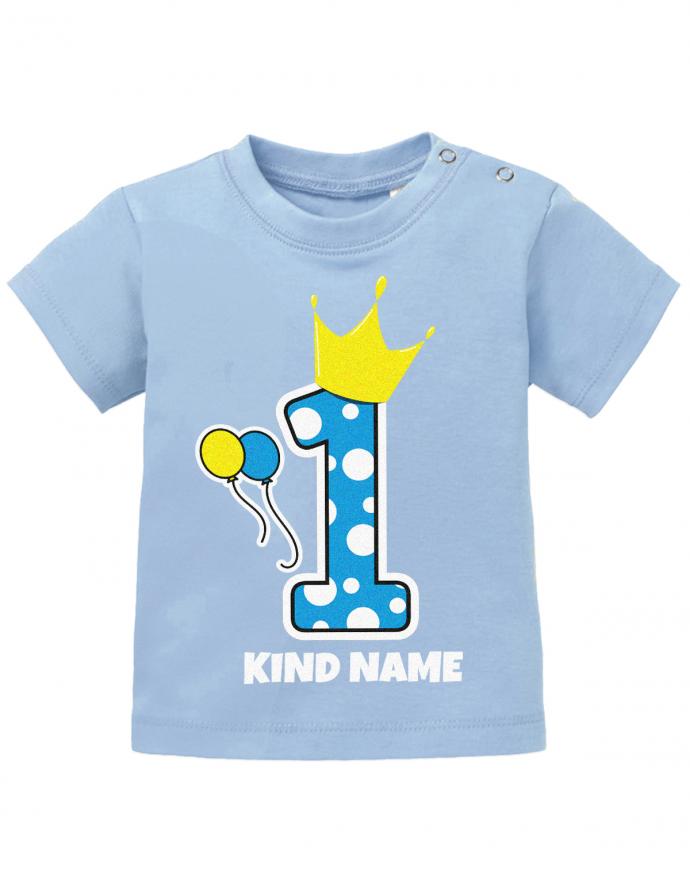 Große 1 mit Krone und Pünktchen in Hellblau 1. Geburtstag - personalisiert mit Name - Junge - Baby S - T-Shirt bedrucken mit lustigen Sprüchen bei - myShirtStore