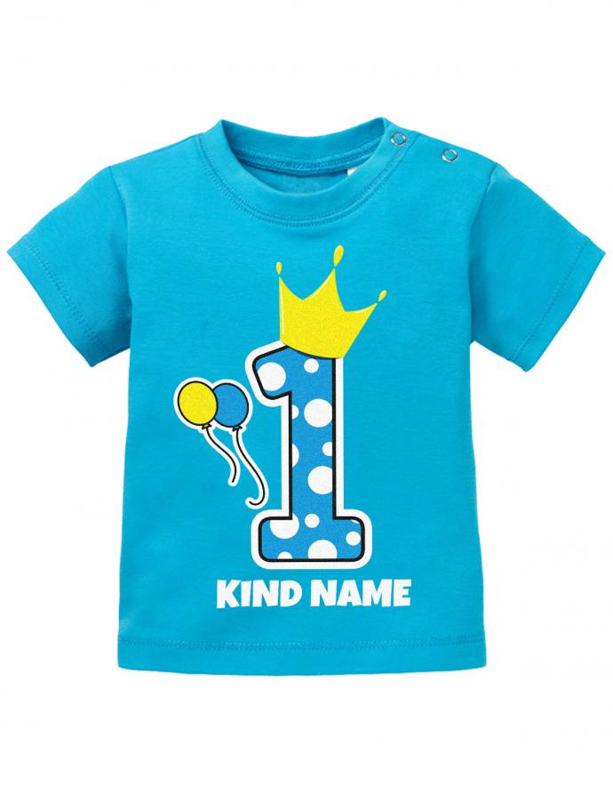 Große 1 mit Krone und Pünktchen in Hellblau 1. Geburtstag - personalisiert mit Name - Junge - Baby S - T-Shirt bedrucken mit lustigen Sprüchen bei - myShirtStore