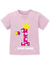 Große 1 mit Krone und Pünktchen in Pink 1. Geburtstag - personalisiert mit Name - Mädchen - Baby Shi - T-Shirt bedrucken mit lustigen Sprüchen bei - myShirtStore