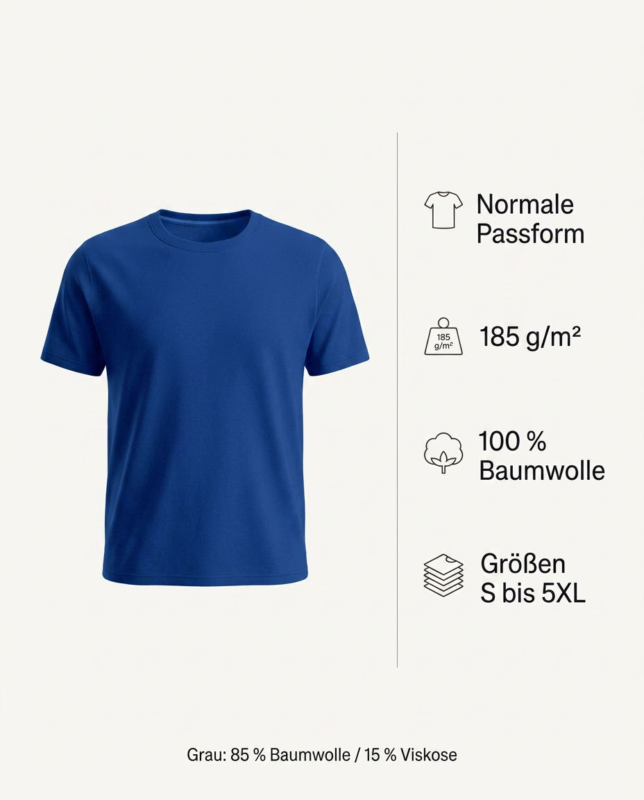 Herren Basic T-Shirt mit normaler Passform, 185 g pro Quadratmeter und Größen S bis 5XL