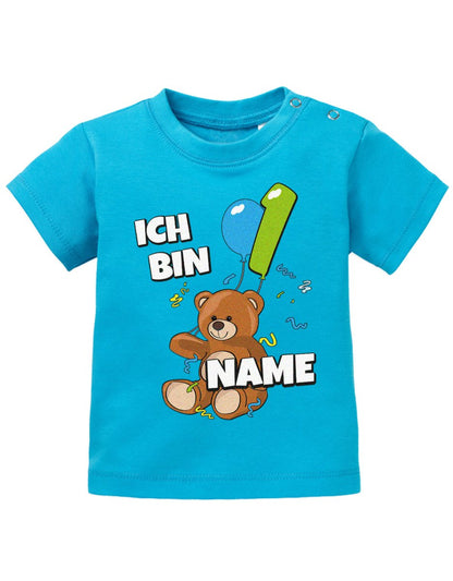 Ich bin 1 - Teddy mit Luftballon - Erster Geburtstag - Personaliert mit Name Baby Shirt - T-Shirt bedrucken mit lustigen Sprüchen bei - myShirtStore