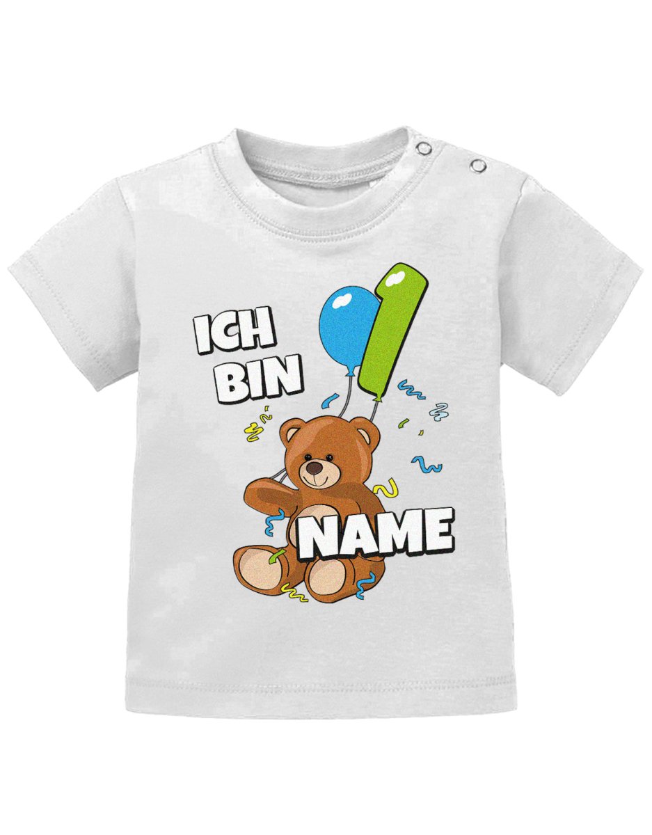 Ich bin 1 - Teddy mit Luftballon - Erster Geburtstag - Personaliert mit Name Baby Shirt - T-Shirt bedrucken mit lustigen Sprüchen bei - myShirtStore