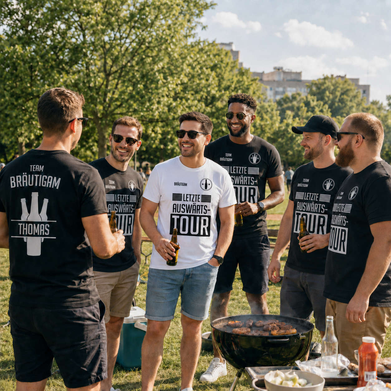 JGA Shirts Männer Fußball Motto beim Grillen im Park mit weißem Bräutigam Shirt und schwarzen Team Bräutigam Shirts „Letzte Auswärtstour“ personalisiert mit Name.