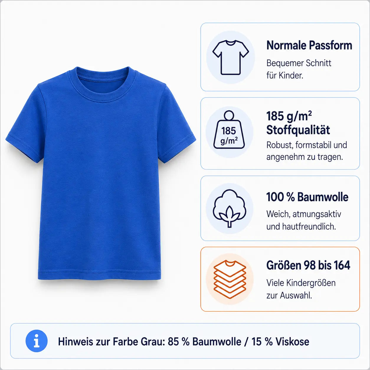 Kinder T-Shirt Material und Passform Übersicht – 185g Baumwolle in vielen Größen