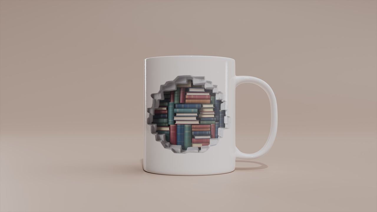 Video - Bücher Tasse – 3D Effekt Motiv mit Bücherregal