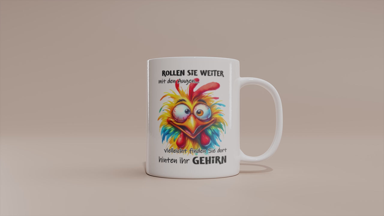 Video: Witzige Huhn Tasse mit dem Spruch „Rollen Sie weiter mit den Augen“.